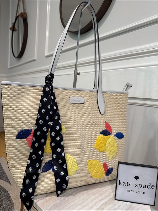 kate spade Handbags - kate spade Bag Ash Straw Lemon Zest Large Woven Tote EUC